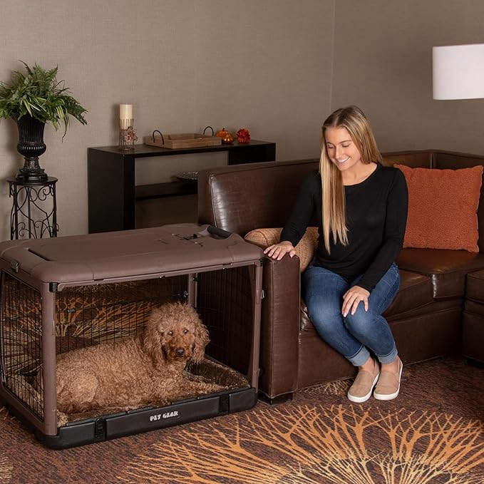 Pet Gear “The Other Door” 4 Door Steel Crate for Dogs/Cats with Garage-Style Door, Includes Plush Bed + Travel Bag, No Tools Required, Espresso