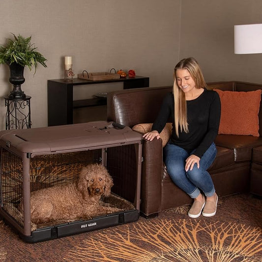 Pet Gear “The Other Door” 4 Door Steel Crate for Dogs/Cats with Garage-Style Door, Includes Plush Bed + Travel Bag, No Tools Required, Espresso