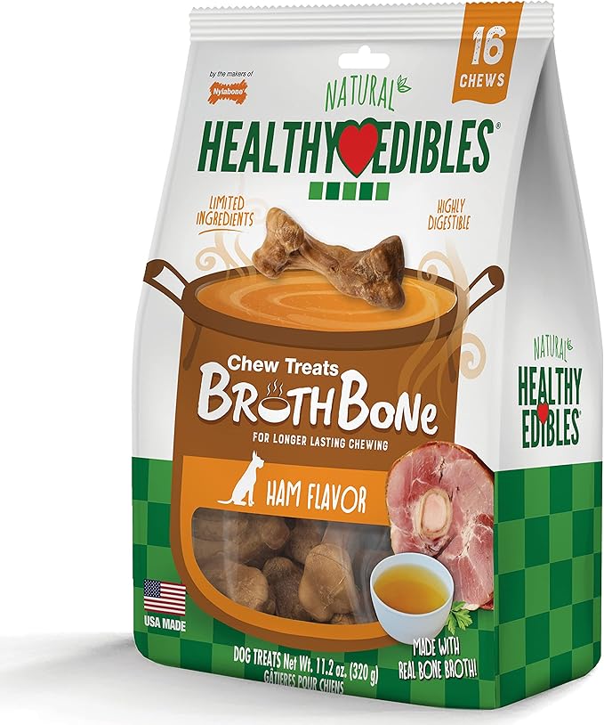 Nylabone Healthy Edibles Broth Bone Natural Dog Chews Long Lasting Treats Ham Flavor Small/Regular - Up to 25 Ibs. (16 Count)