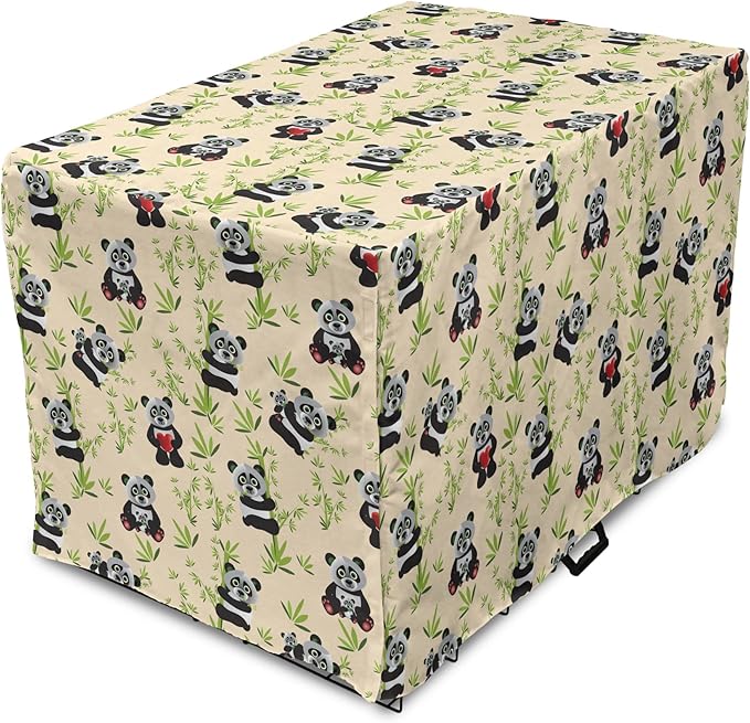 Lunarable Panda Dog Crate Cover, Asian Bear Cartoon Character Eating Leaves Branches Wildlife Animal, Easy to Use Pet Kennel Cover for Medium Large Dogs, 36 Inch, Apple Green Black and Ivory