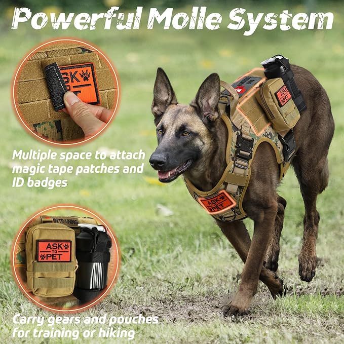 rabbitgoo Tactical Dog Harness for Large Dogs, Heavy Duty Dog Harness with Handle, No-Pull Service Dog Large Breed, Adjustable Military Dog Vest Harness for Training Hunting Walking, Brown Camo, M