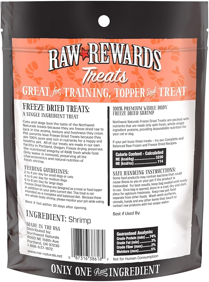 Northwest Naturals Raw Rewards Freeze-Dried Shrimp Treats for Dogs and Cats - Bite-Sized Pieces - Healthy, 1 Ingredient, Human Grade Pet Food, All Natural - 1 Oz