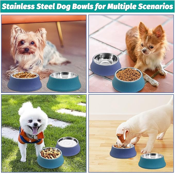 kathson 2PCS Stainless Steel Dog Bowls Set Removable no tip Puppy Food and Water Feeder Bowl Basic Metal Small Dog Bowls for Dogs Cats Rabbit Guinea Pigs Ferret