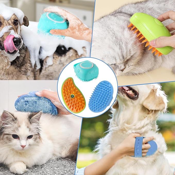3Pcs Dog Grooming Brush Dog Cat Bath Brush Massage Rubber Comb Pet Shampoo Brush Dog Scrubber with Handle for Long Short Haired Dogs and Cats (Green Blue)
