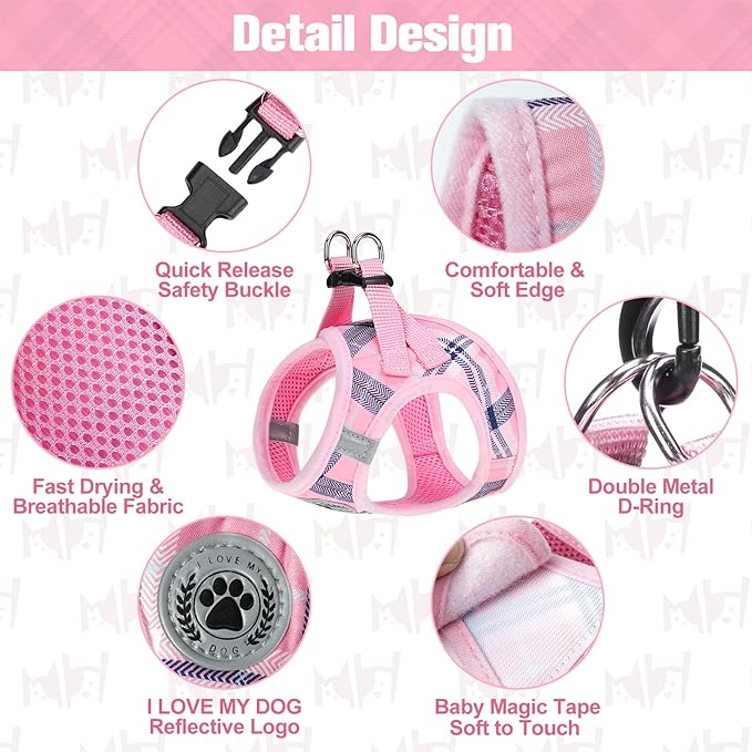 BEAUTYZOO Small Dog Harness and Leash Set,Step in No Chock No Pull Soft Mesh Dog Harnesses Reflective for Extra-Small/Small Medium Puppy Dogs and Cats, Plaid Dog Vest Harness for XS S Pets, Pink XS