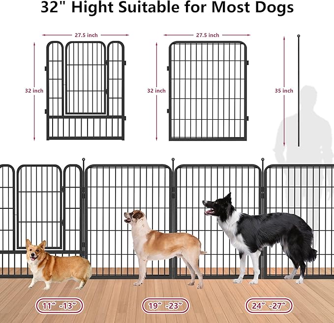 Dog Playpen Outdoor 32Inches Height 12 Panels Heavy Duty Metal Dog Fence with Doors Dog Pens for Medium/Small Dogs Portable Pet Puppy Playpen for Outdoor Indoor RV Camping Yard Black slive