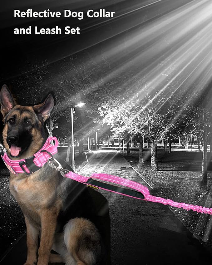 AUBELL Tactical Dog Collar and Leash Set, Adjustable Military Nylon Reflective Dog Leash and Collar with Handle and Heavy Metal Buckle for Medium Large Dogs, with Airtag Holder and 2 Patches(Pink, M)
