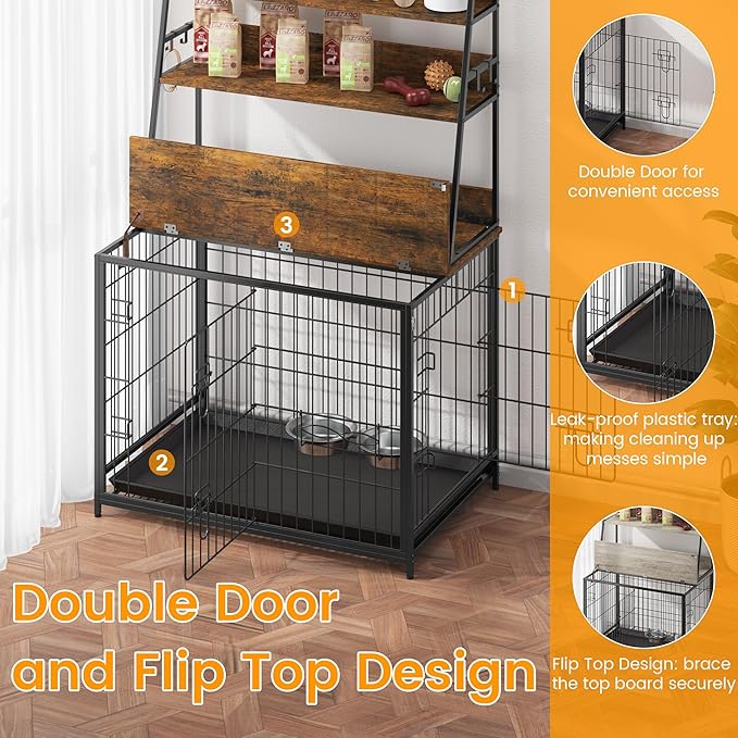 Dog Crate Furniture, 57 Inch Dog Kennel Furniture with Storage Shelves and Removable Tray, Indoor Dog House with 2 Doors and 2 Adjustable Bowls, Brown