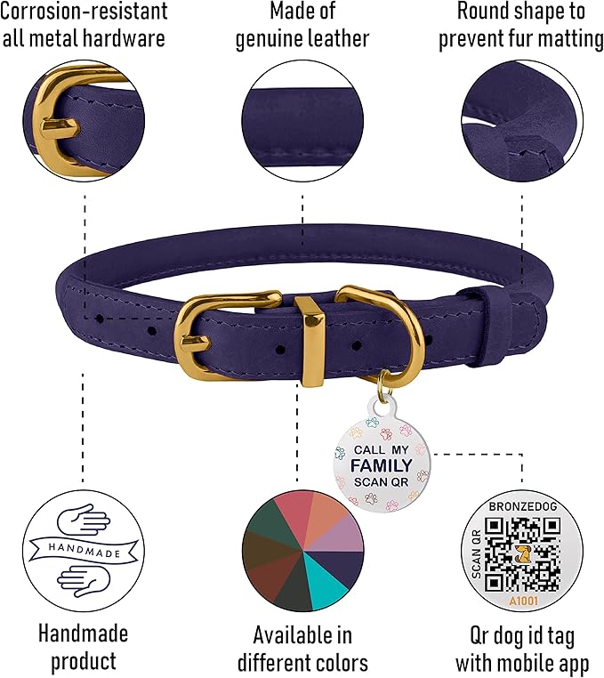 BRONZEDOG Rolled Leather Dog Collar with QR ID Tag Adjustable Soft Round Collars for Small Medium Large Dogs Puppy Cat (16" - 19" Neck Size, Violet)