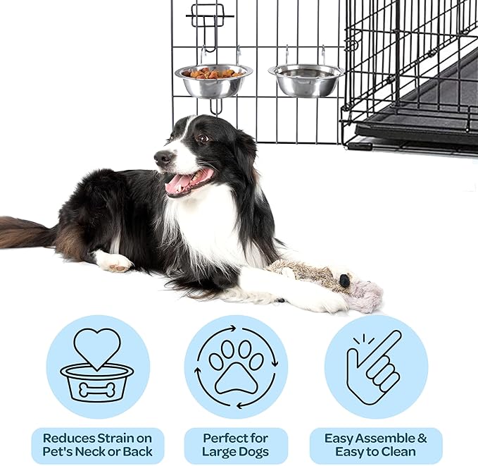 Set of 2 Stainless-Steel Dog Bowls - Cage, Kennel, and Crate Hanging Pet Bowls for Food and Water - 48oz Each and Dishwasher Safe by PETMAKER