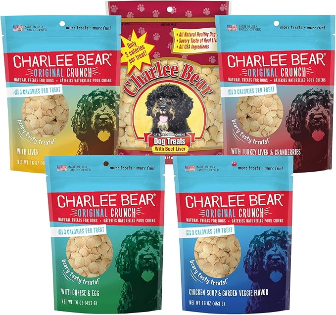 Charlee Bear Original Crunch Dog Treat Variety Pack, 16 oz Bags (5-Pack) - Beef Liver, Chicken Liver, Turkey Liver Cranberries, Cheese & Egg, Chicken Soup Natural Training Treats Made in The USA