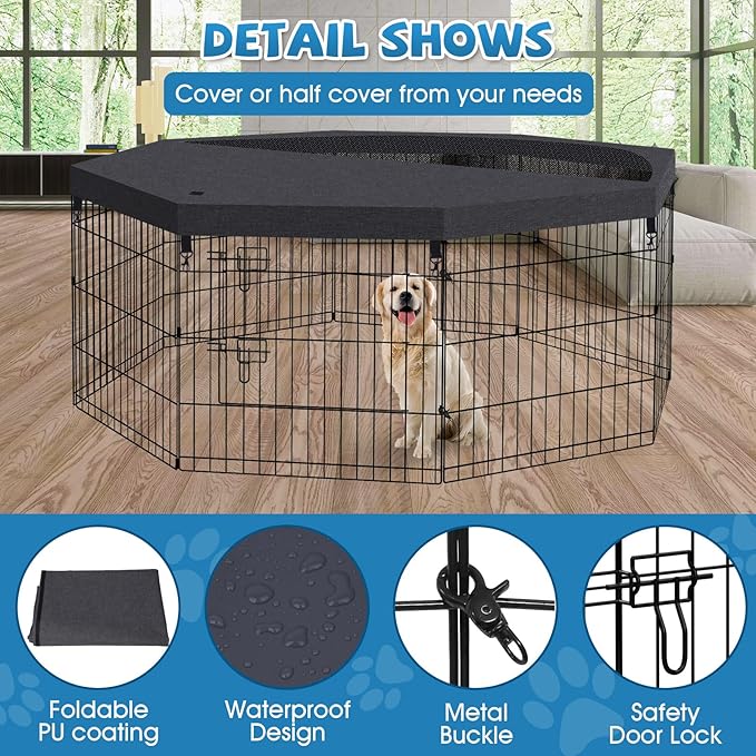Artmalle Puppy Pet Playpen 8 Panel 24 Inch Indoor Outdoor Metal Portable Folding Animal Exercise Dog Fence Ideal for Pet Animals Dog Cat Rabbit Breed Puppy with Top Cover (Black with Top Cover)