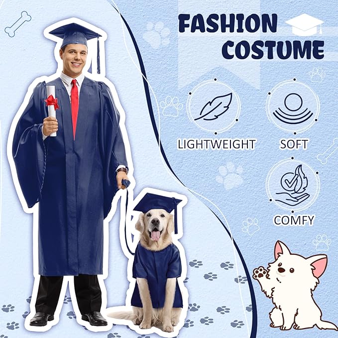 Xuniea 2 Pcs Dog Graduation Costume Set 2025 Dog Graduation Cap and Gown Puppy Hat with Tassel Matte Pet Grad Outfit Cats Grad Bear Holiday Party Costume Accessory (Navy Blue,Large)