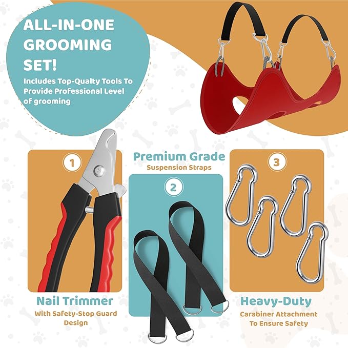 Dog Grooming Hammock – Sturdy & Safe Dog Hammock for Grooming with Durable Carabiner Clips & Straps – Soft, Comforting Dog Grooming Harness – Pet Grooming Hammock + Nail Trimmer for Medium Sized Dogs