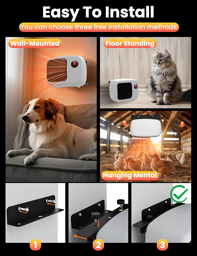 Dog House Heater with Thermostat: Pet House Heater with Overheat Protection, 300W 600W 2 Heating Mode, Anti Chew Cord, Chicken Coop Heater for Outside, Hound Kennel, Cat Cage, Rabbit Hutch