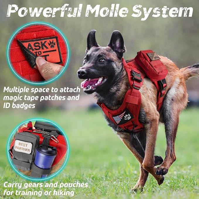 rabbitgoo Tactical Dog Harness for Large Dogs, Heavy Duty Dog Harness with Handle, No-Pull Service Dog Vest Large Breed, Adjustable Military Dog Vest Harness for Training Hunting Walking, Red, S