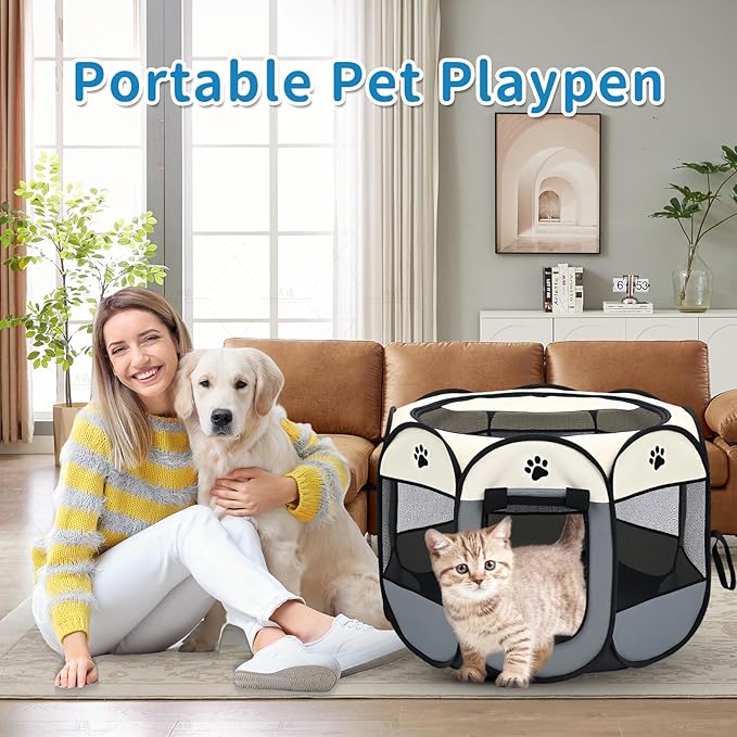 Dog Play Pen Portable Cat House Easy Assemble Pet Indoor/Outdoor Security Cage Grey-M