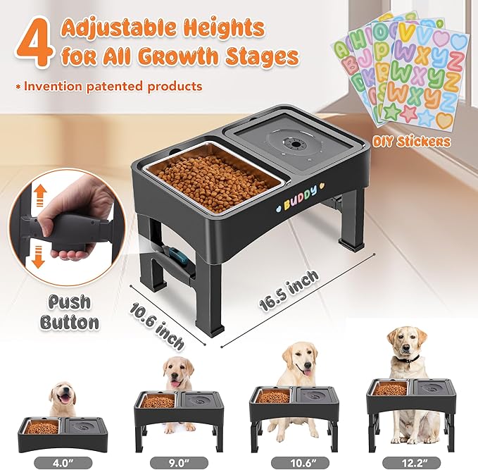 Decflow 2-in-1 Elevated Dog Bowls, 4 Height Adjustable Raised Dog Bowls with Stainless Steel Dog Food Bowls & No Spill Water Bowl, DIY Stickers Foldable Pet Bowl for Medium Large Dogs