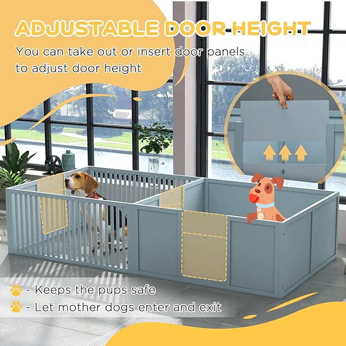 PawHut Whelping Box for Dogs Built for Mother's Comfort, Dog Whelping Pen with Removable Doors, Puppy Playpen for Indoors, Newborn Puppy Supplies & Essentials, 81" x 39" x 20", Gray