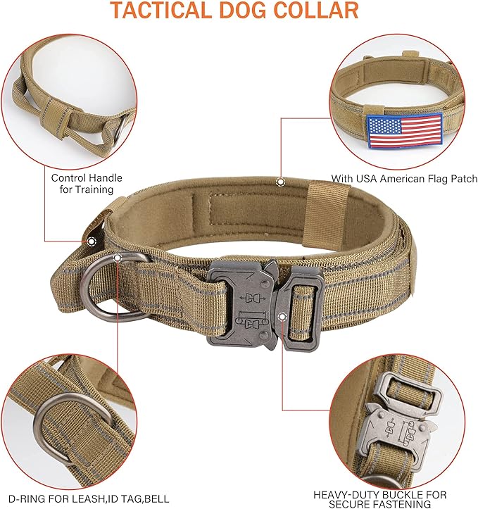KCUCOP Tactical Dog Collar, Heavy Duty Dog Collar with Handle and Metal Buckle, Military Thick Dog Collars for Medium and Large Dogs(Brown-XL-Reflective, 1 Patch)