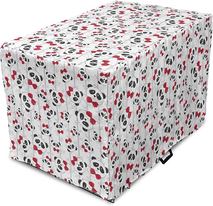 Lunarable Panda Dog Crate Cover, Funny Pattern of Asian Bear Animal in Romantic Bow Tie Cartoon Design, Easy to Use Pet Kennel Cover for Medium Large Dogs, 48 Inch, Pale Grey Black and Red