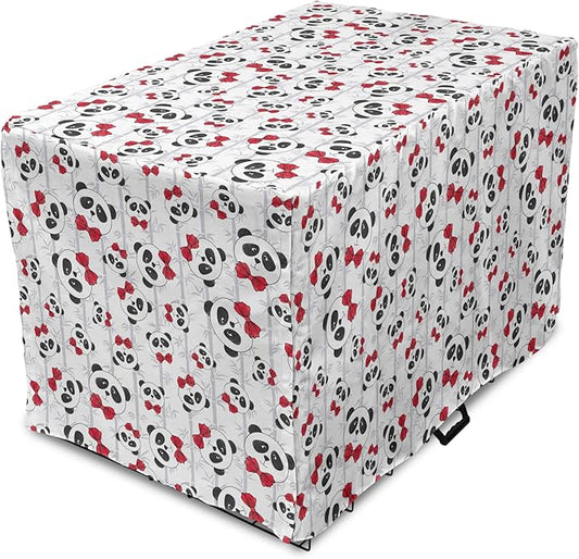 Lunarable Panda Dog Crate Cover, Funny Pattern of Asian Bear Animal in Romantic Bow Tie Cartoon Design, Easy to Use Pet Kennel Cover for Medium Large Dogs, 22 Inch, Pale Grey Black and Red