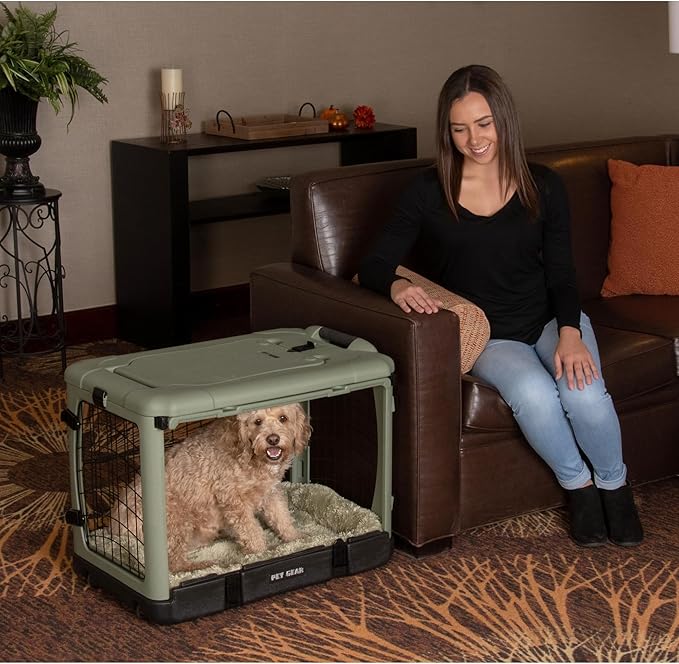 Pet Gear “The Other Door” 4 Door Steel Crate for Dogs/Cats with Garage-Style Door, Includes Plush Bed + Travel Bag, No Tools Required, Willow