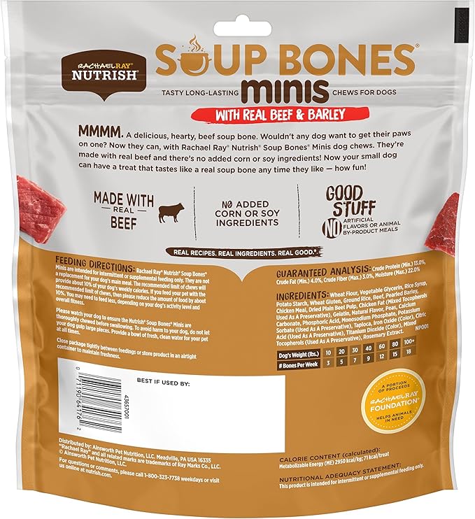 Nutrish Rachael Ray Soup Bones Minis Dog Chews with Real Beef & Barley, 16 Chews, 12.6 oz Pouch (Pack of 6)