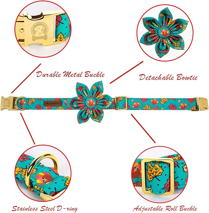 MR. CHUBBYFACE Thanksgiving Dog Collar Fall Maple and Turkey Flower Dog Collar Adjustable Dog Collar with Flower for Small Medium Large Dogs