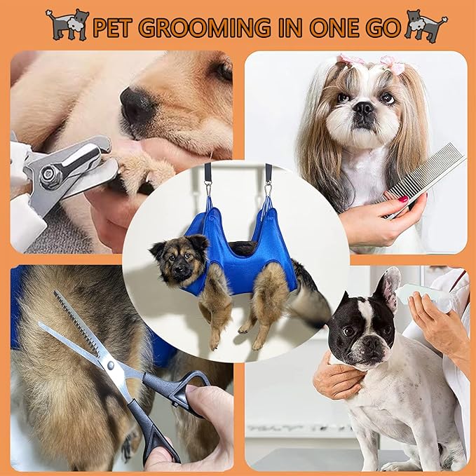 BLUECOW Nail Trimming Hammock for Dogs, 12 in 1 Dog Grooming Set, Restraint Bag Including Nail Clipper, Trimmer, Scissors, Nail File and Comb
