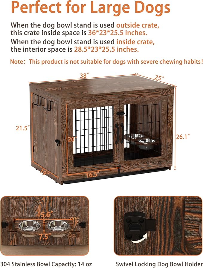 Piskyet Wooden Dog Crate Furniture with 360°Rotatable Removable Dog Bowls, Dog Crate End Table with Tray, Double Doors Dog Kennels for Dogs(L:37.7" L*25.1" W*26.1" H, Rustic Brown)