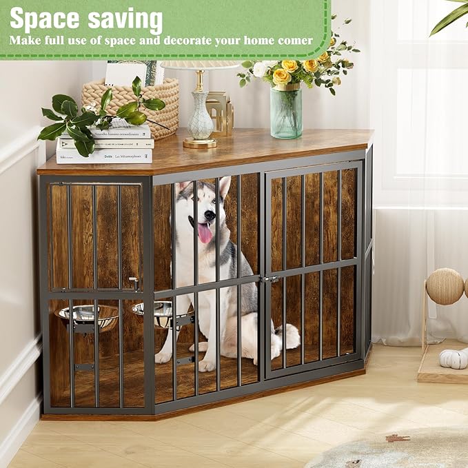 Medium Dog Crate Furniture, 42” Heavy Duty Corner Dog Crate with 2 Stainless Steel Bowls, Dog Kennel Furniture Style House, Wooden Decorative Pet House End Side Table, Chew-Resistant, Rustic
