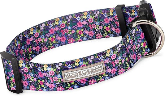 Lucky Love Dog Wide Dog Collar - Adjustable, Durable, Soft Webbing, & Comfortable 1.5 inch Wide Collar for Dogs Male and Female - in Primrose Pattern with Strong Buckle, Medium Size