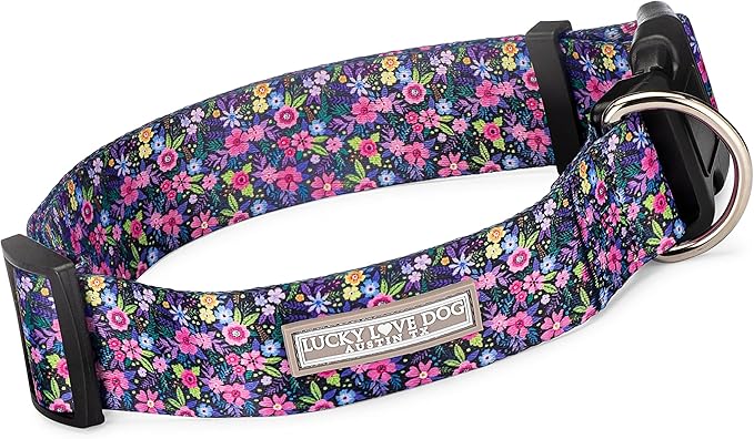 Lucky Love Dog Wide Dog Collar - Adjustable, Durable, Soft Webbing, & Comfortable 1.5 inch Wide Collar for Dogs Male and Female - in Primrose Pattern with Strong Buckle, X-Large Size