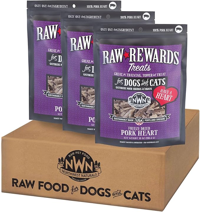 Northwest Naturals Raw Rewards Freeze-Dried Pork Heart Treats for Dogs and Cats - Bite-Sized Pieces - Healthy, 1 Ingredient, Human Grade Pet Food, All Natural - 10 Oz (Pack of 3)