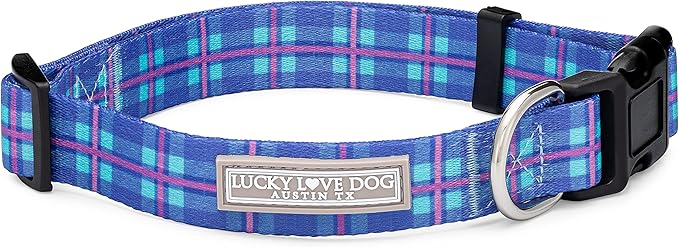 Lucky Love Dog, Blue and Violet Plaid Dog Collar, Adjustable & Comfy Collar for Boy and Girl Dog, Easy On & Off Clasp Accessory - (X-Small, Scotty Collar)