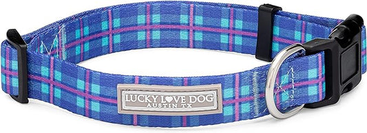 Lucky Love Dog, Blue and Violet Plaid Dog Collar, Adjustable & Comfy Collar for Boy and Girl Dog, Easy On & Off Clasp Accessory - (Small, Scotty Collar)