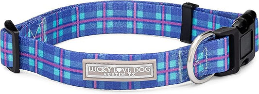 Lucky Love Dog, Blue and Violet Plaid Dog Collar, Adjustable & Comfy Collar for Boy and Girl Dog, Easy On & Off Clasp Accessory - (Large, Scotty Collar)