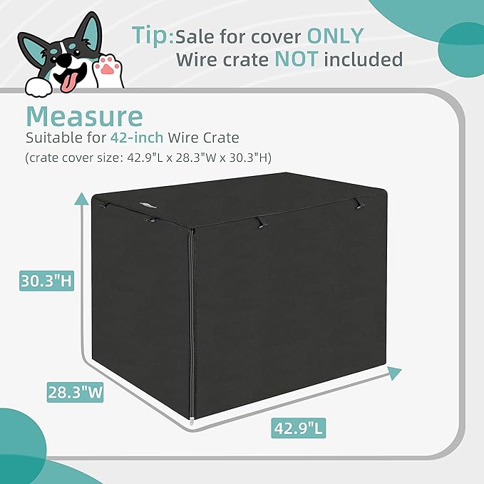 Dog Crate Cover for 42" Large Wire Dogs Cage, Puppy Kennel with Double Door, Lightweight 600D Polyester Windproof Pet Crates Covers, Machine Wash & Dry, Black