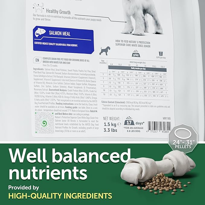 Nature's Protection Superior Care White Dogs Grain-Free Dry Dog Food for Junior Light Coated Dogs, Salmon, 3.3 lbs.