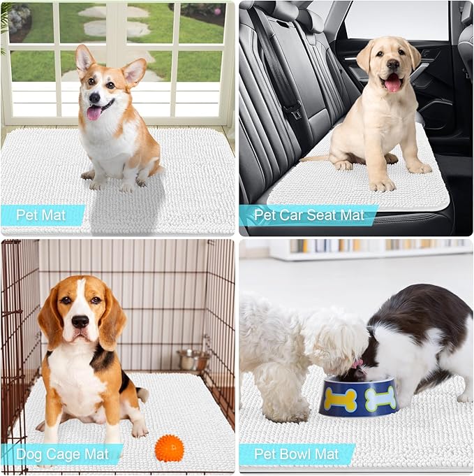 OLANLY Dog Door Mat for Muddy Paws 30x20, Absorbs Moisture and Dirt, Absorbent Non-Slip Washable Mat, Quick Dry Chenille, Mud Mat for Dogs, Entry Indoor Door Mat for Inside Floor, White