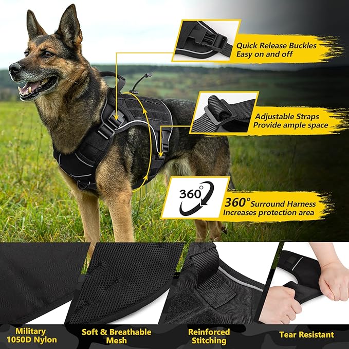WINGOIN Black Tactical Dog Harness for Large Dogs No Pull Adjustable Pet Harness with Handle Reflective K9 Military Service Dog Vest for Walking Hiking Training (L)