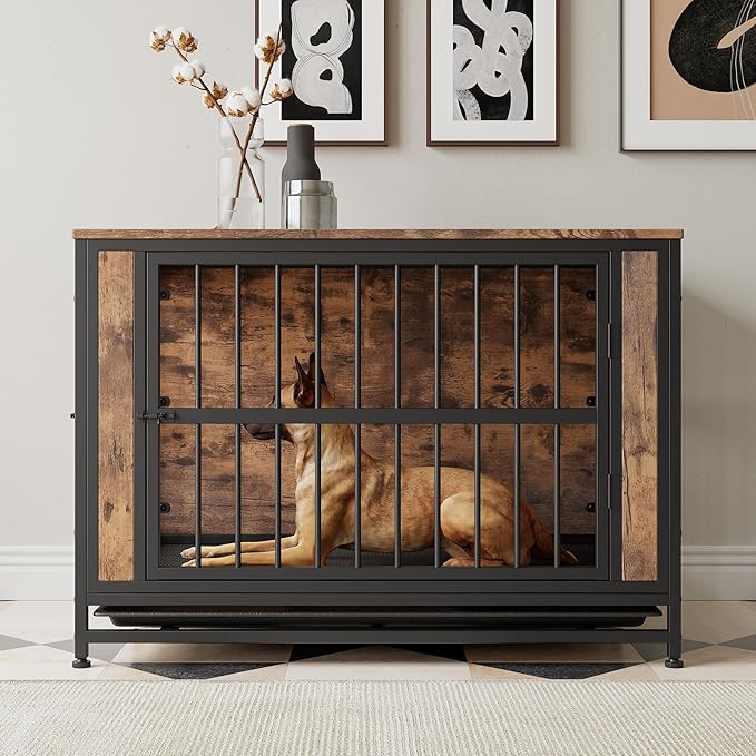 Ball & Cast 38.9" Wooden Dog Kennel with 2 Sliding Doors,Decorative Pet Crate Furniture with Pull-Out Tray,Thick Iron Frame Indoor Dog Cage for Small Dogs,Easy Assembly,Rustic Brown