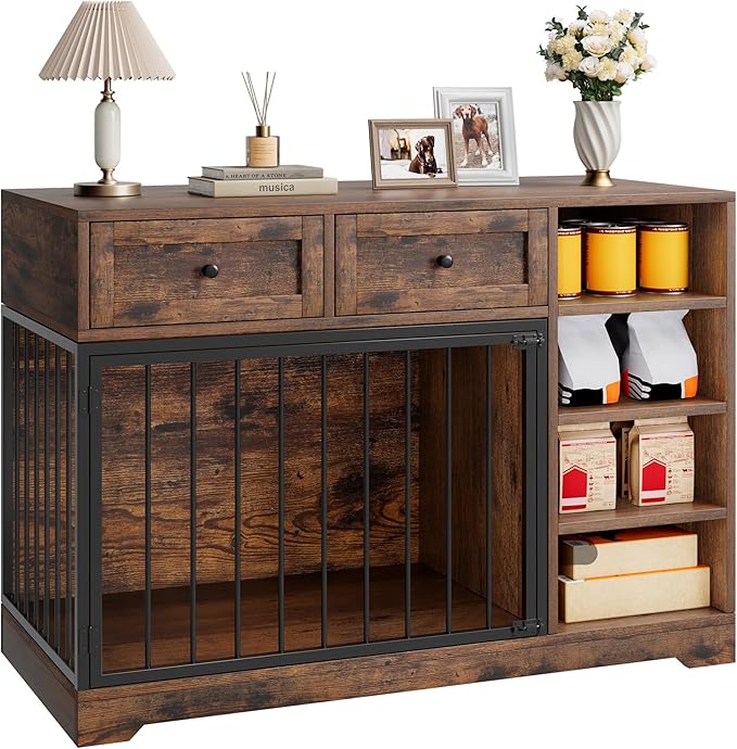 Dog Crate Furniture 47”, Large Dog Crate TV Stand with 2 Drawers and 4 Shelves, Wooden Dog Kennel Indoor, Decorative Dog Cage with Storage for Large Dogs, Brown