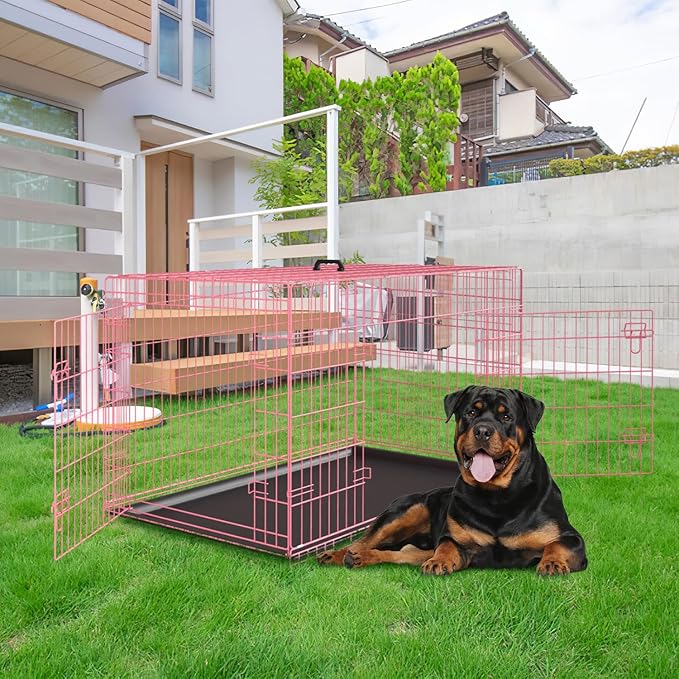 PayLessHere Large Dog Crate Kennel for Medium Large Dogs Metal Dog Cage Double-Door Folding Travel Indoor Outdoor Puppy Playpen with Divider and Handle Plastic Tray (42 Inch, Pink)