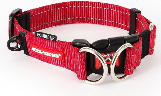 EzyDog Double Up Premium Nylon Dog Collar with Reflective Stitching - Double D-Rings for Superior Strength, Safety, and Comfortability - Non-Rusting and Includes an ID Attachment (Large, Red)