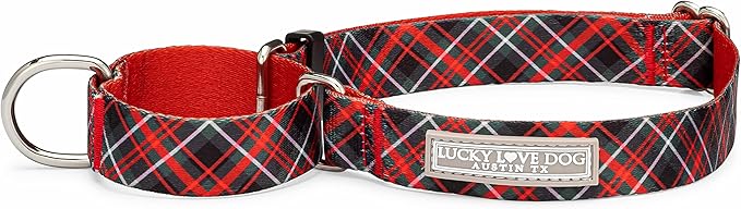 Lucky Love Dog, Evergreen No Slip Dog Collar, Vivid Berry Plaid Martingale Dog Collar for Boy and Girl Dogs - (Medium, Heywood Martingale)