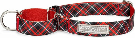 Lucky Love Dog, Evergreen No Slip Dog Collar, Vivid Berry Plaid Martingale Dog Collar for Boy and Girl Dogs - (Medium, Heywood Martingale)