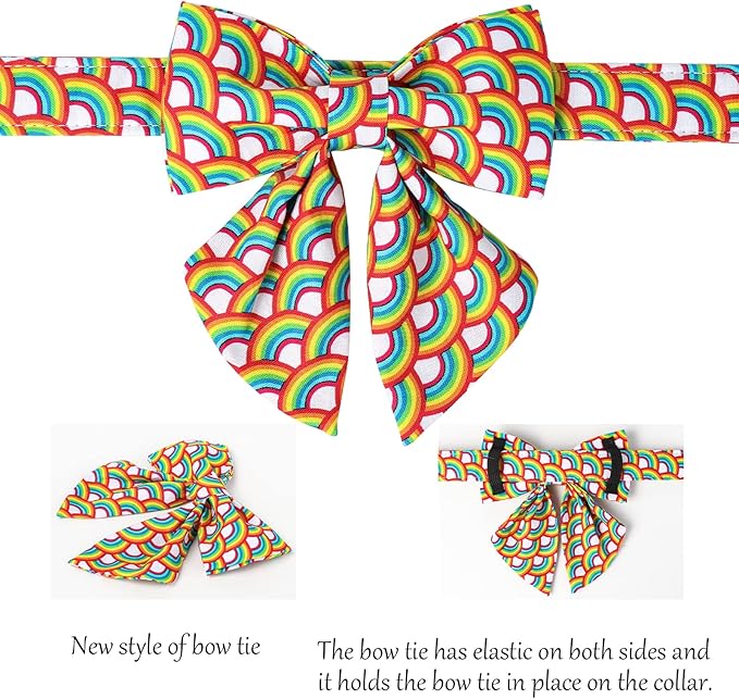 Lionet Paws Rainbow Dog Collar with Sailor Bow, Soft and Comfortable Adjustable LGBT Pride Collar for X-Large Dogs, Neck 16-26 inches