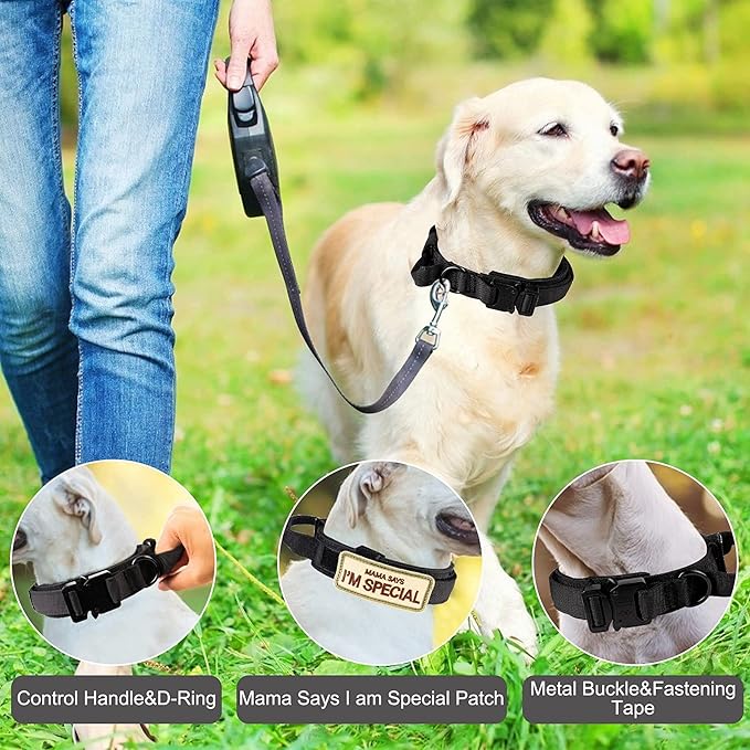 Tactical Dog Collar - KCUCOP Military Dog Collar with Handle - K9 Tactipup Thick Adjustable Heavy Duty Dog Collars for Medium and Large Dogs(Black-L)